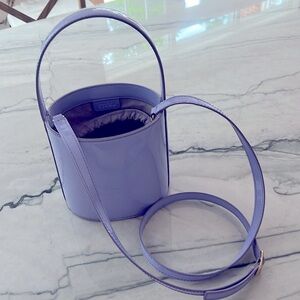 STAUD Light Purple Patent Leather Bucket Bag with Crossbody Strap